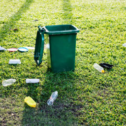 trash on ground around a trash can