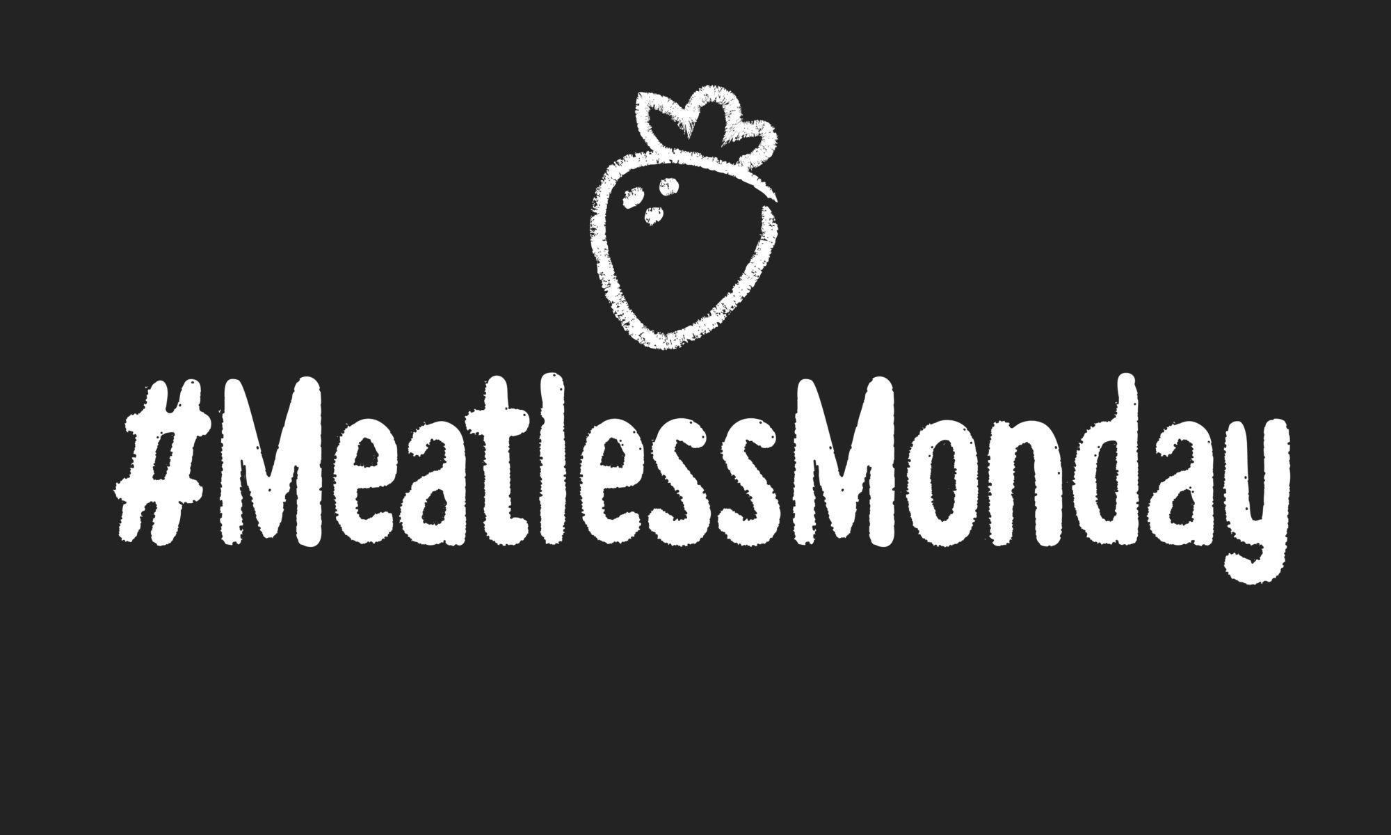 chalkboard background with white text that reads #meatlessmonday and a small illustrated strawberry above it