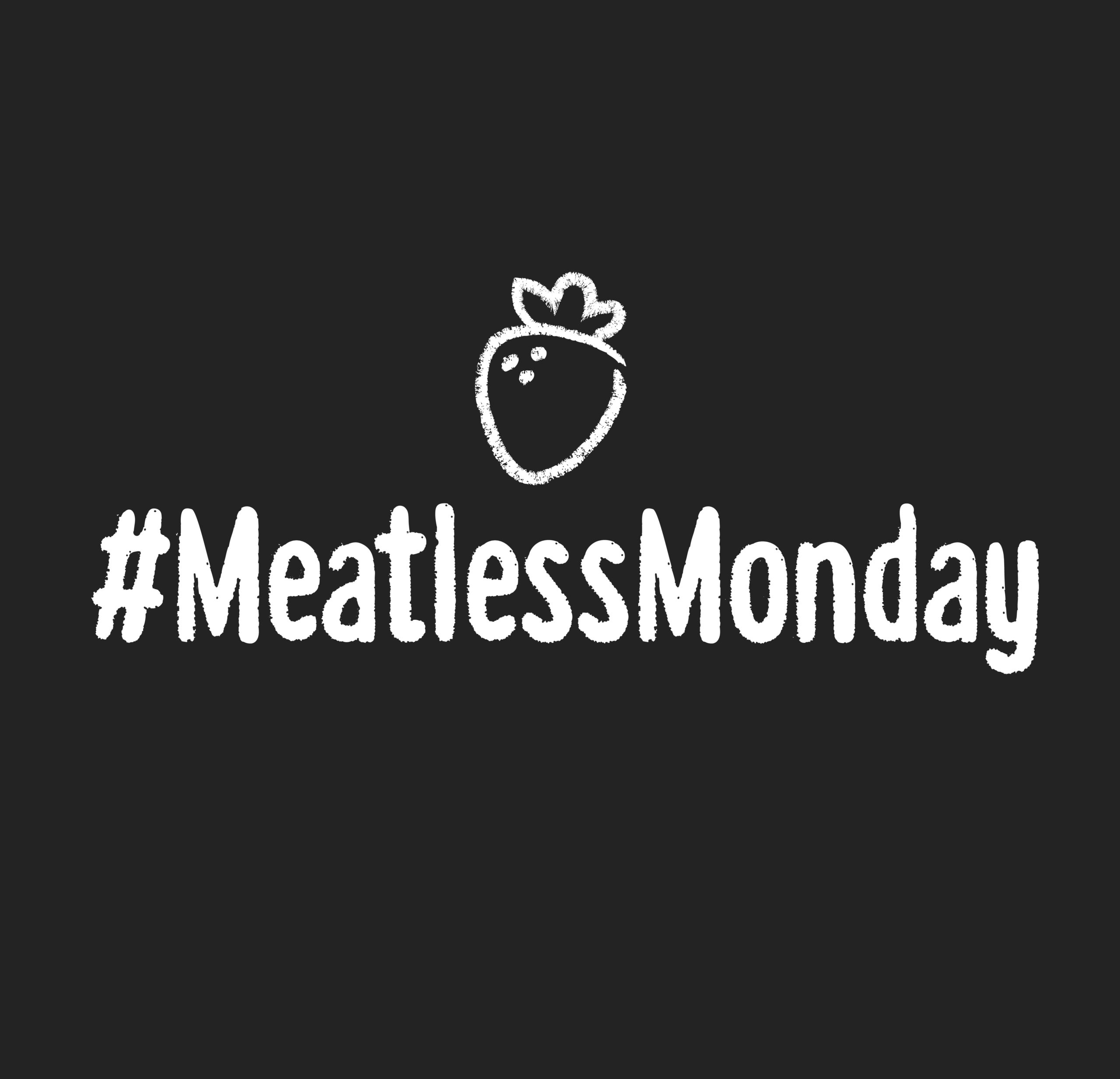 chalkboard background with white text that reads #meatlessmonday and a small illustrated strawberry above it